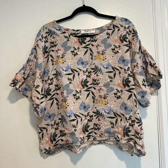 Lemire G Women’s Sz: M Linen Floral Butterfly Flutter Bell Sleeve Top. - Picture 1 of 12